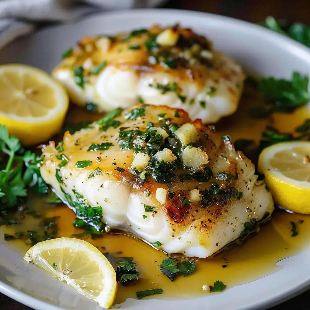 Zwei zubereitete Fischfilets mit Kräutern garniert und einer Zitronenbeilage auf einem Teller angerichtet.