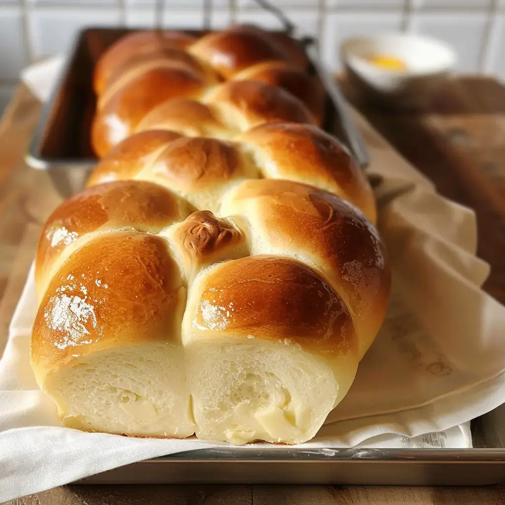 Eine frisch gebackene, goldbraune Brioche liegt auf einem Backblech. Im Hintergrund steht ein kleiner weißer Teller.