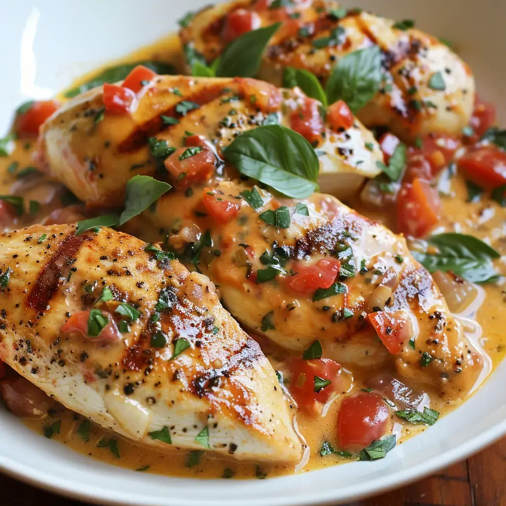 Gegrillte Hähnchenfilets in cremiger Tomatensahnesauce serviert, dekoriert mit frischem Basilikum.