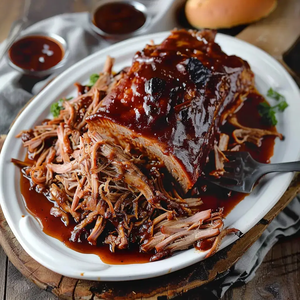 Ein großer Teller mit zartem Pulled Pork, serviert mit Barbecuesoße, Brötchen und zusätzlichen Dips.