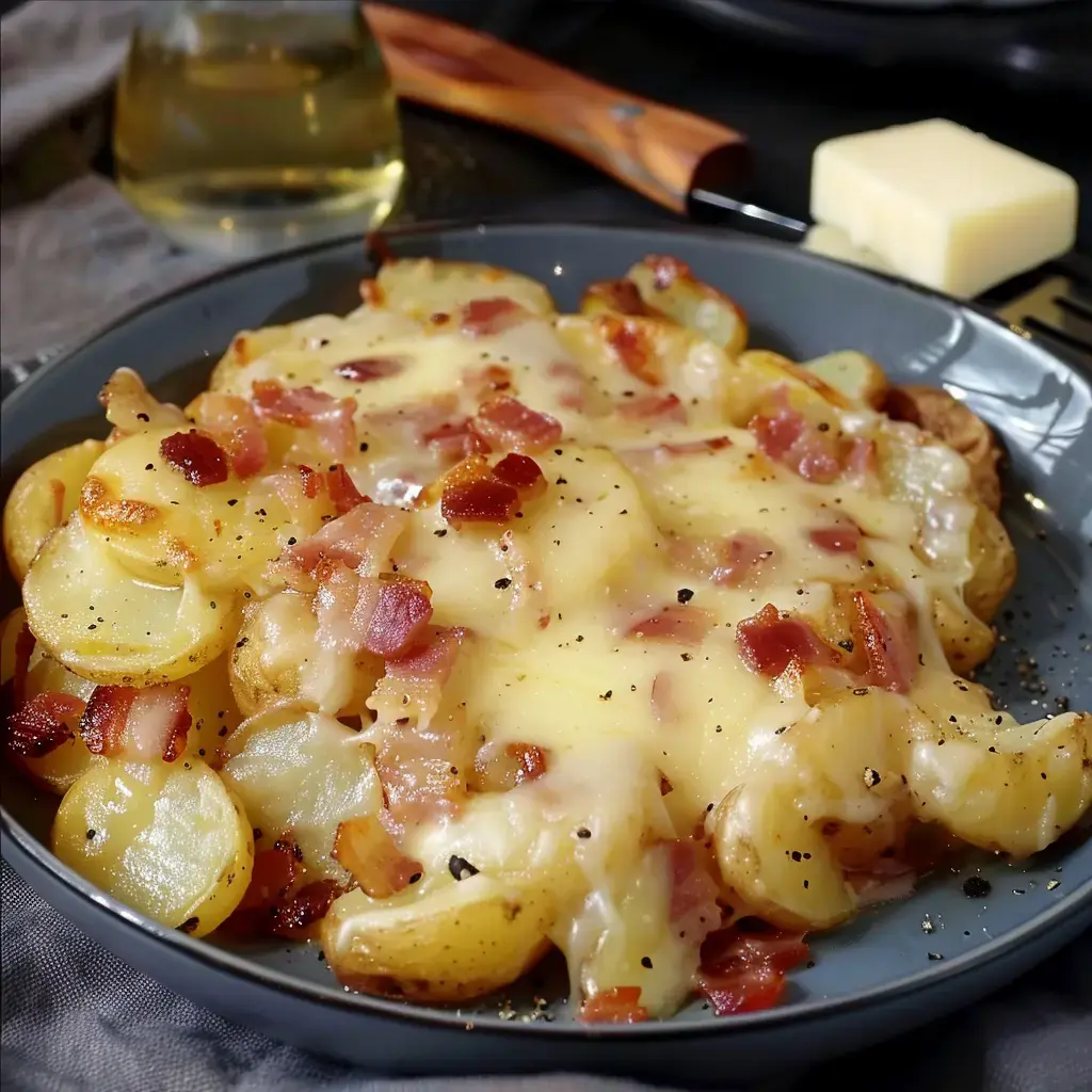 Eine Pfanne mit Kartoffeln, geschmolzenem Käse und knusprigen Speckwürfeln, serviert auf einem grauen Teller.