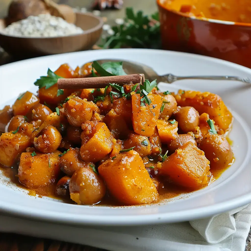 Ein Kürbisgericht mit Kastanien, verfeinert mit Zimt und frischen Kräutern.