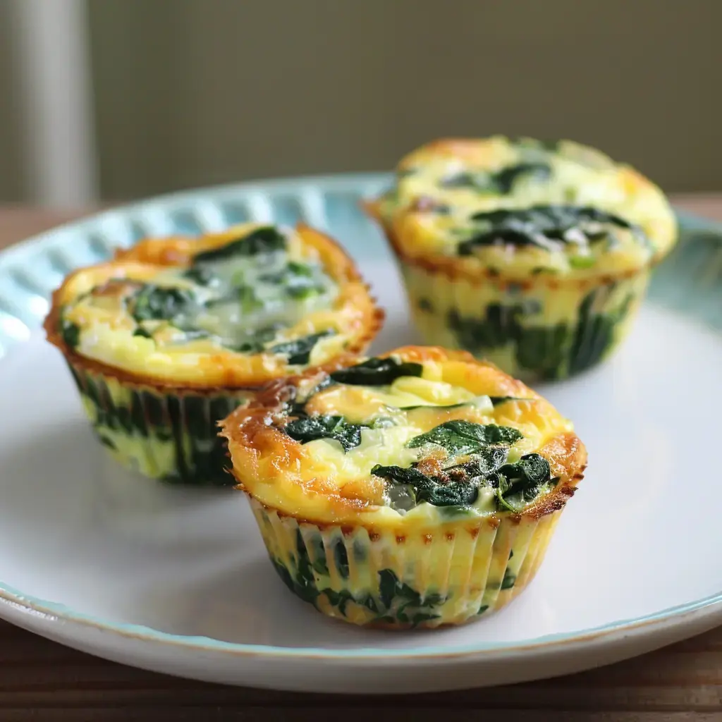 Drei herzhafte Muffins mit Spinat, goldbraun gebacken und auf einem Teller angerichtet.