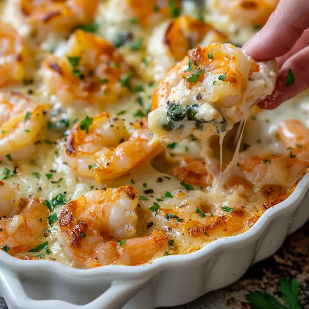 Ein frisch gebackener Krabbenauflauf mit geschmolzenem Käse und Petersilie, servierbereit.