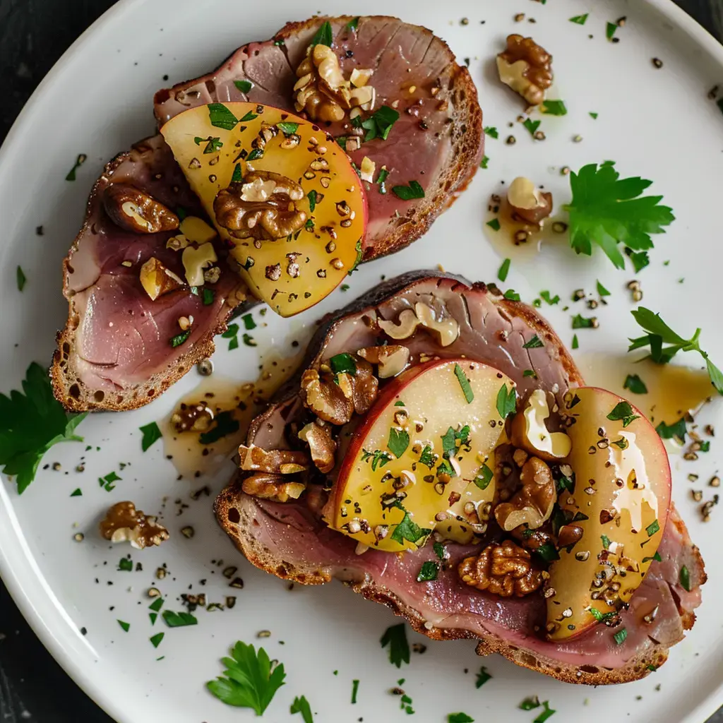 Zwei Toastscheiben mit Fleisch, Apfelspalten, Walnüssen und Kräutern auf einem weißen Teller.