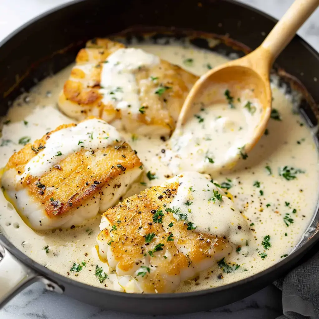 Gekochte Fischfilets in cremiger Sauce mit Petersilie in einer Metallpfanne serviert.