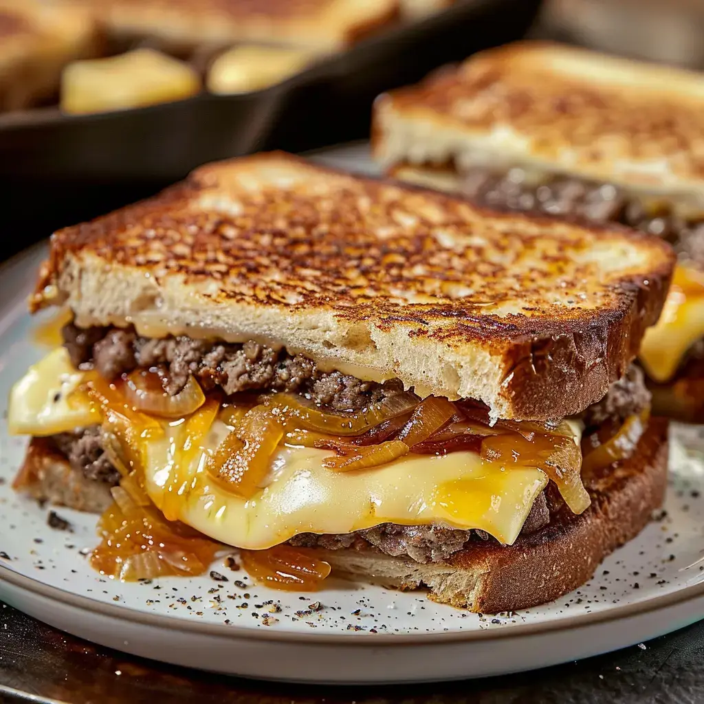 Ein gegrilltes Sandwich mit Hackfleisch, karamellisierten Zwiebeln und geschmolzenem Käse.