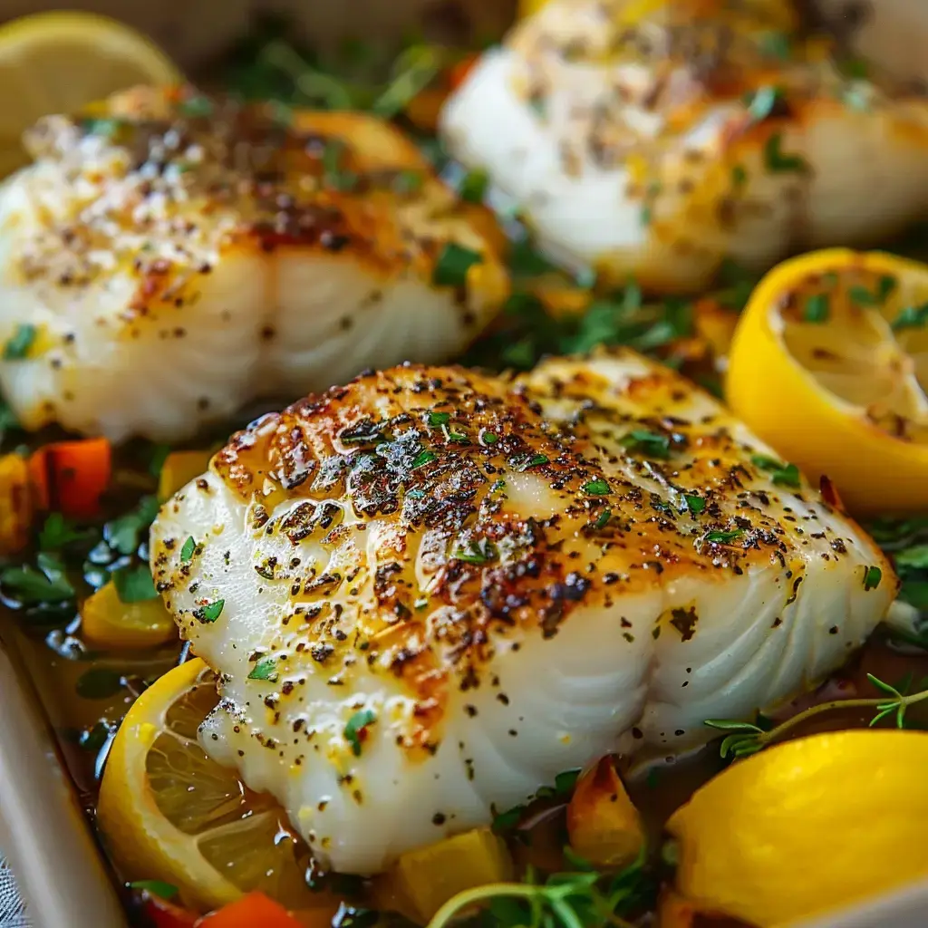Zubereitete Fischfilets mit frischen Kräutern, Gemüse und Zitronenscheiben.
