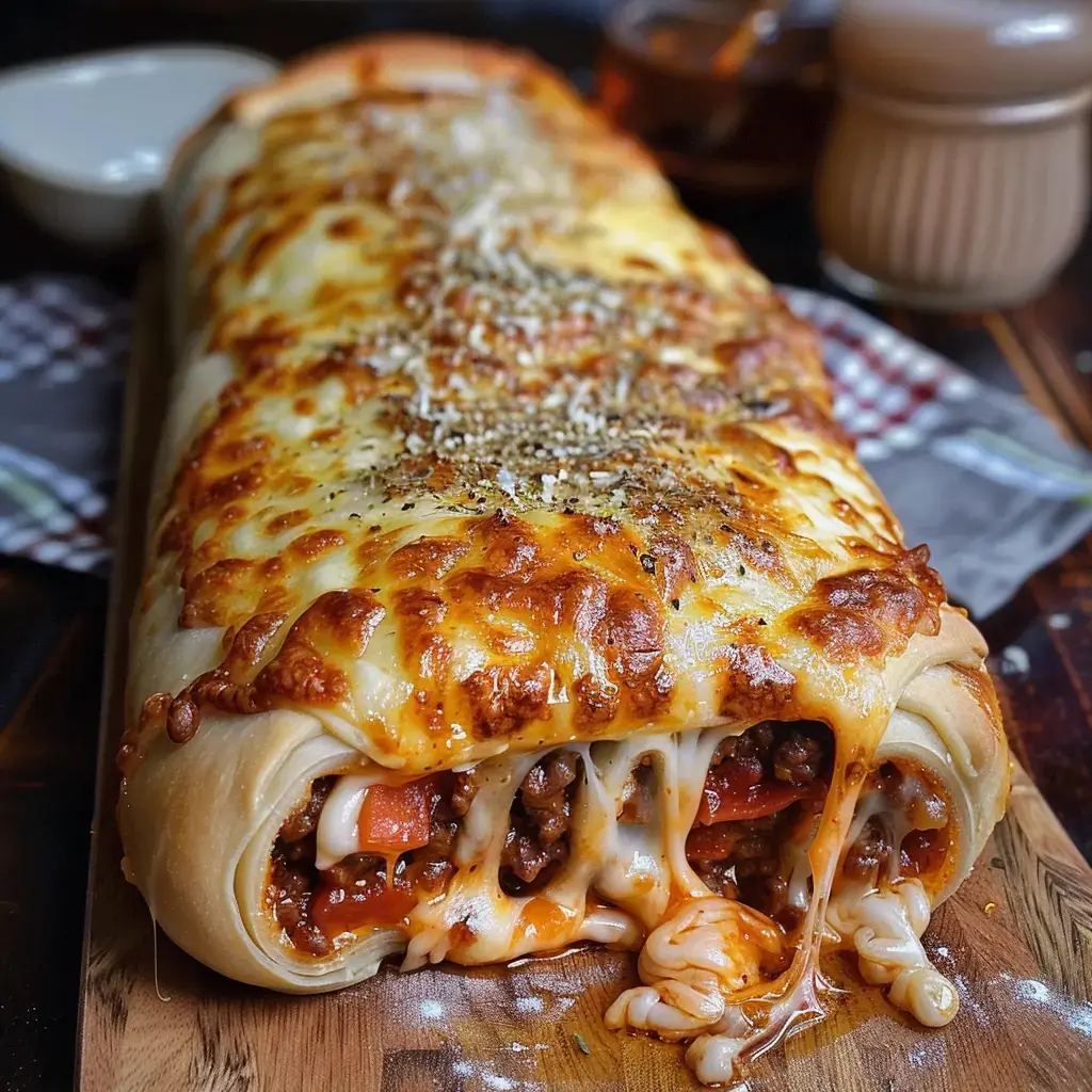 Ein großes gerolltes Brot, gefüllt mit saftigem Hackfleisch, Gemüse und geschmolzenem Käse, mit einer knusprigen, goldenen Kruste.