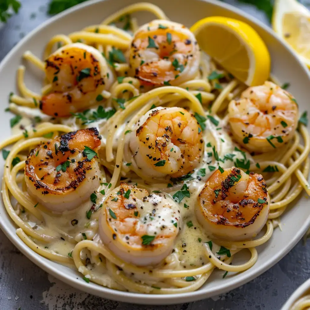 Ein Teller Pasta mit gebratenen Garnelen, frischer Petersilie und Zitronenspalten.