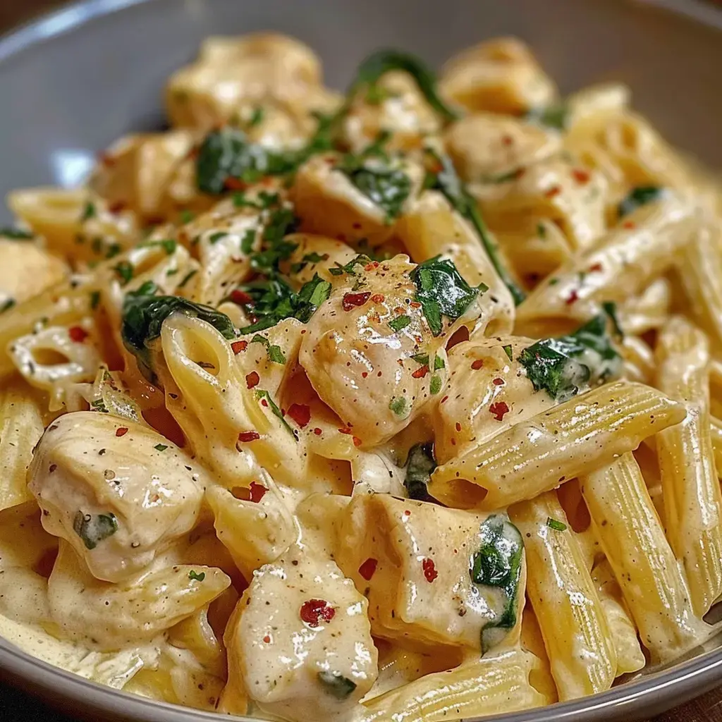 Cremige Pasta mit Hähnchen, Spinat und Kräutern, mit Chiliflocken garniert.