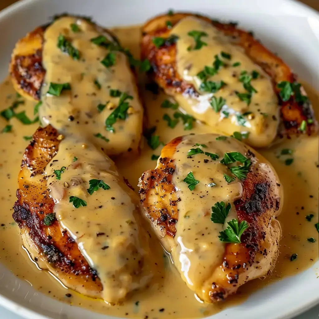 Saftige Hühnerfilets in cremiger Sauce, garniert mit frischer Petersilie.