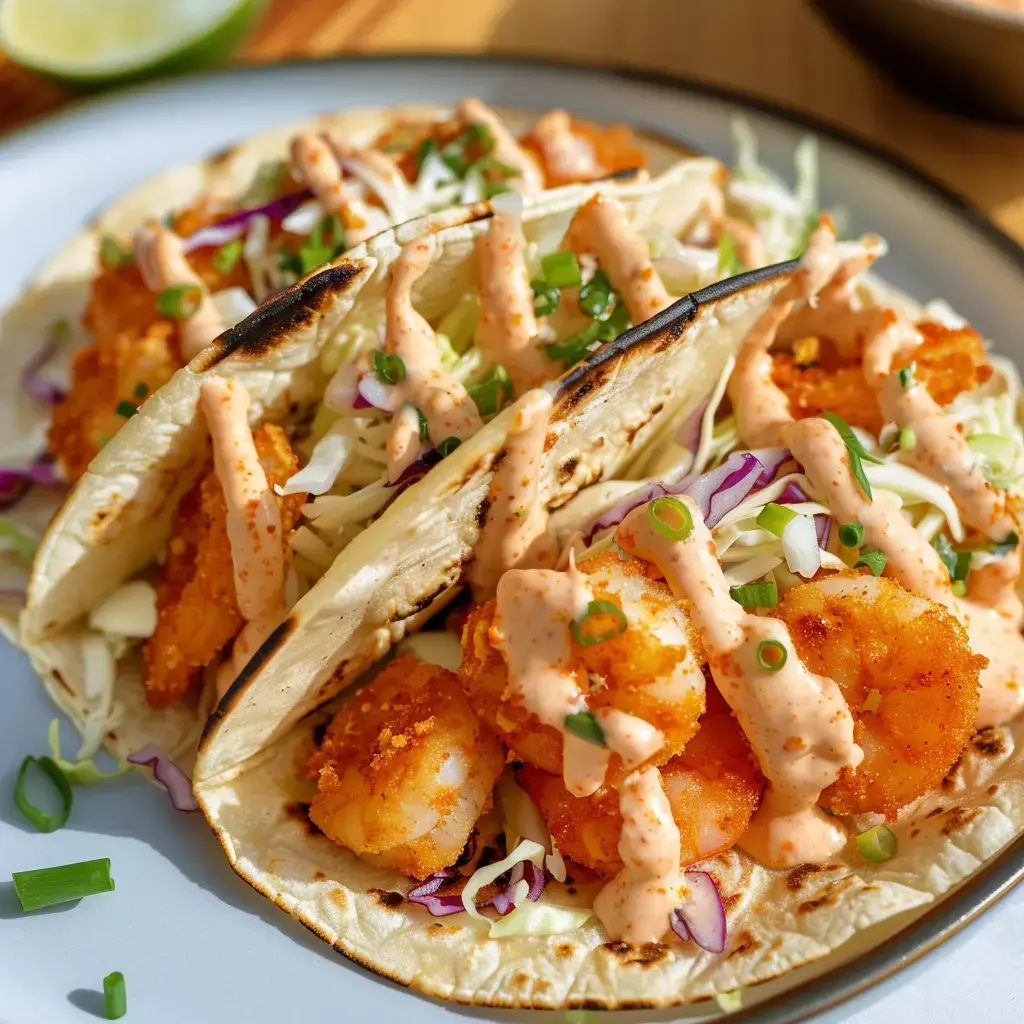 Knusprige Crevetten-Tacos mit Kraut und Soße auf einem Teller.