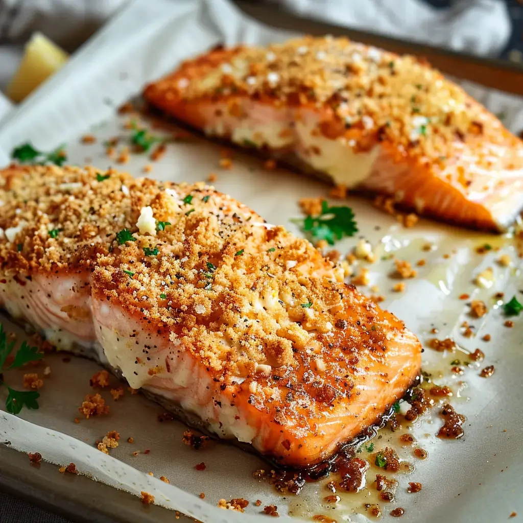 Zwei saftige Lachsfilets mit einer goldbraunen Kruste in Petersilie gehüllt, angerichtet auf einem Teller.