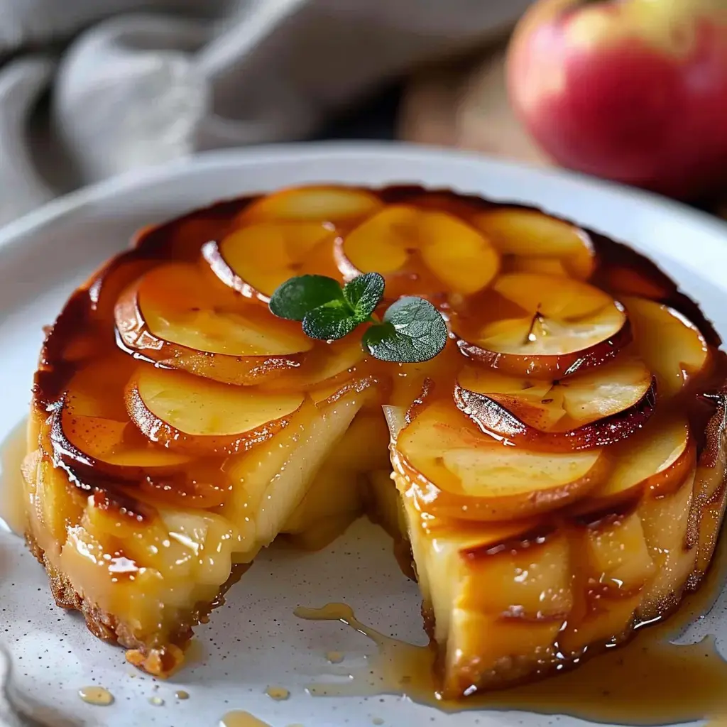 Ein Stück goldbrauner Apfel Flan mit Minzblättern dekoriert und einer angeschnittenen Portion auf Tellern.