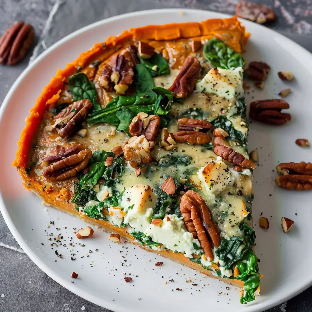 Ein Stück Tarte aus Süßkartoffeln mit frischem Spinat, Käse und Pekannüssen auf einem Teller.