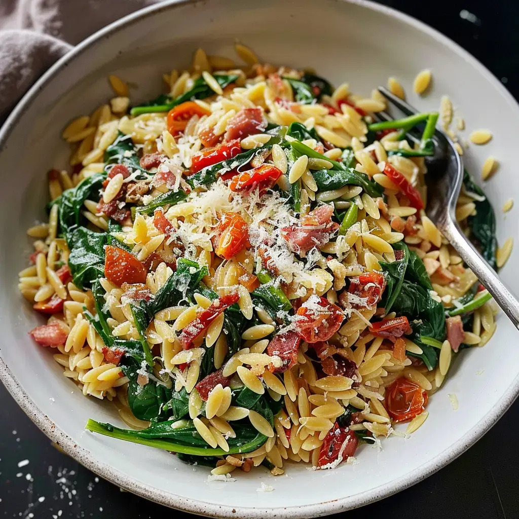 Ein Teller mit Orzo-Nudeln, Spinat, getrockneten Tomaten und knusprigem Speck, dekoriert mit geriebenem Käse.