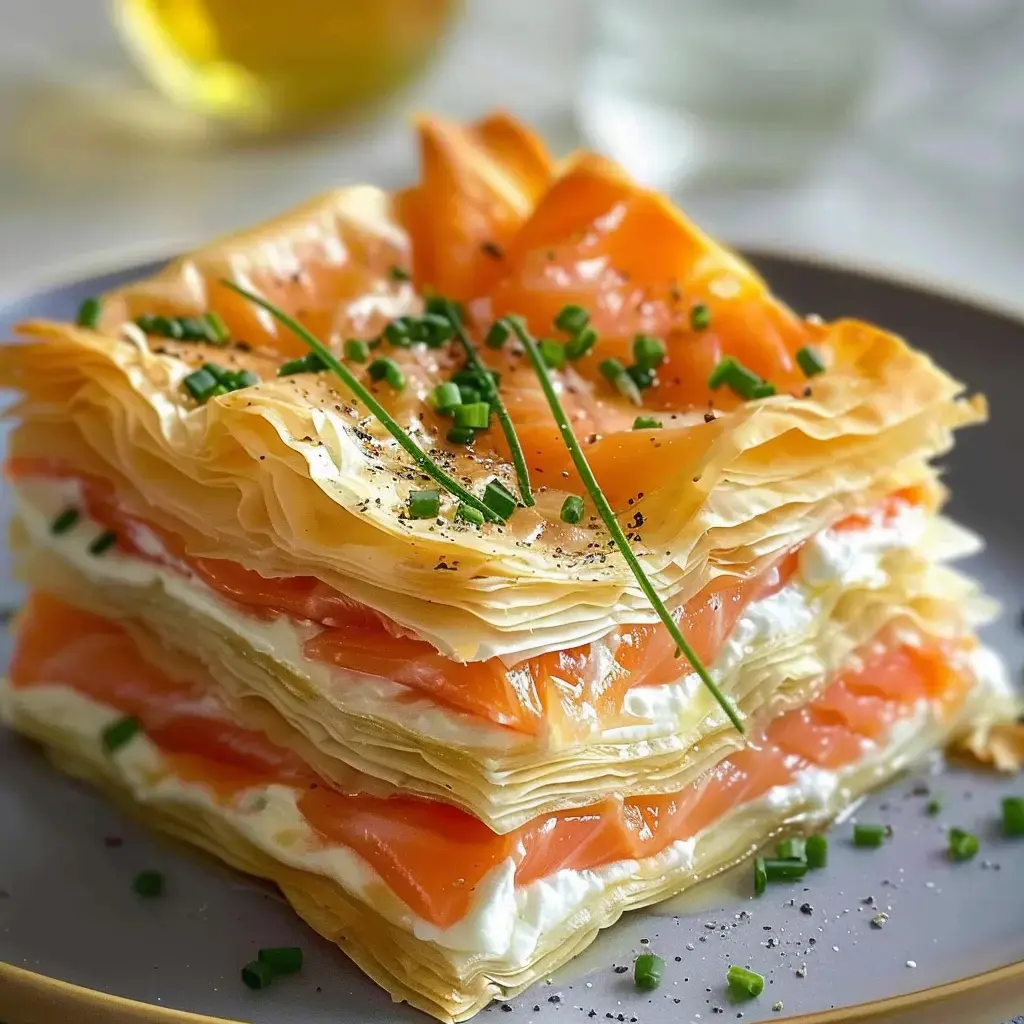 Ein Teller mit Räucherlachs Lasagne, verfeinert mit Mascarpone, garniert mit Schnittlauch und Pfeffer, in eleganten Teigschichten.