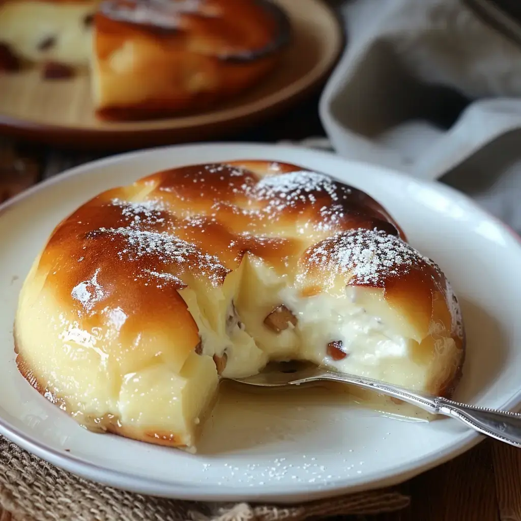 Ein cremiger Kuchen, leicht gebräunt, bestreut mit Puderzucker und ein Stück bereits serviert.