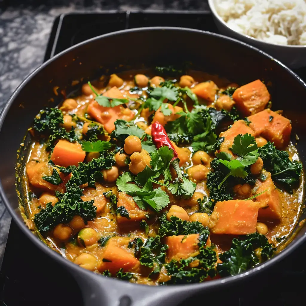 Ein Teller mit Kichererbsen-Curry, Süsskartoffeln, Grünkohl und frisch geschnittenen Kräutern, serviert neben einer Schüssel Reis.