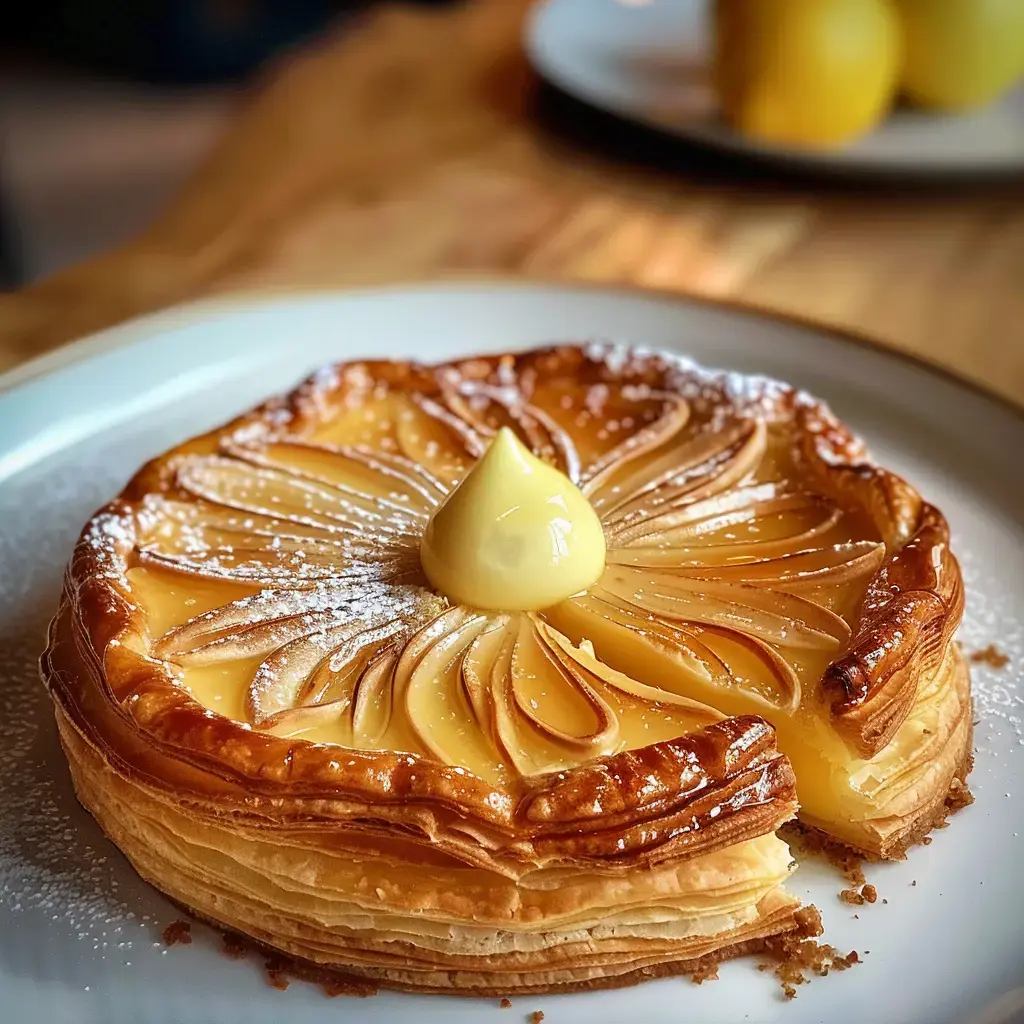 Eine elegant garnierte Tarte mit Äpfeln, bestäubt mit Puderzucker, und gekrönt von einem kleinen Tupfer Creme.