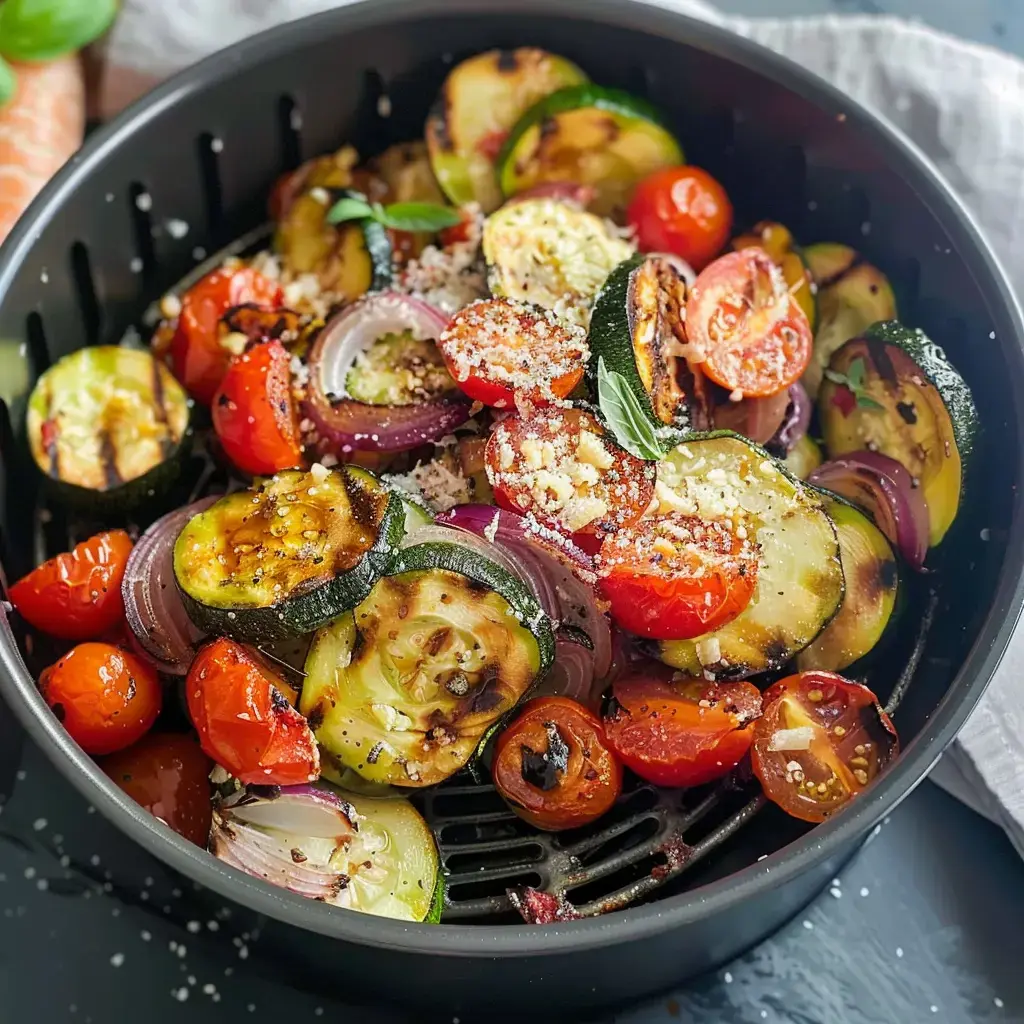 Zucchini, Kirschtomaten und Zwiebeln mit Käse und frischem Basilikum im Airfryer-Korb