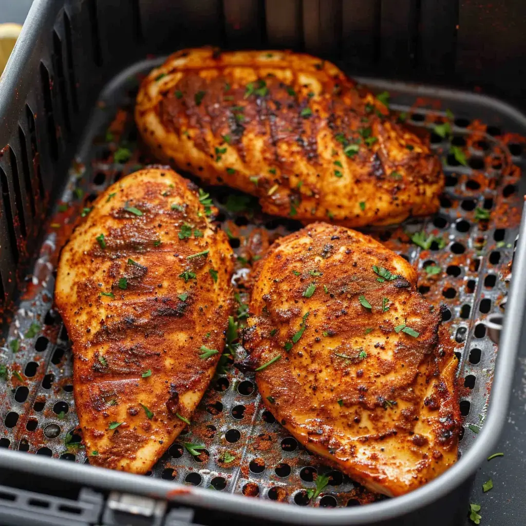 Gegrilltes Huhnfilet, im Korb der Luftfritteuse angerichtet und gewürzt.