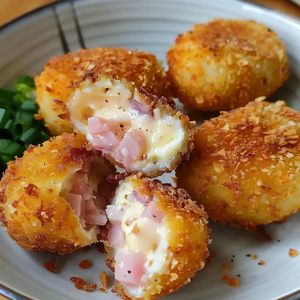 Goldbraune Kroketten mit saftiger Schinken-Käse-Füllung und frischer Schnittlauchgarnitur.