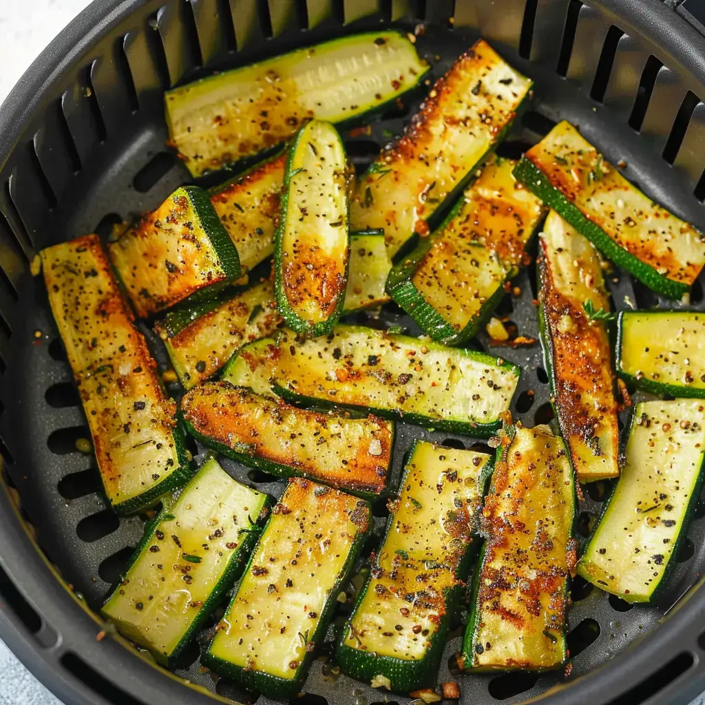 Köstlich goldbraun gebratene Zucchini-Stücke, gewürzt mit Pfeffer und Kräutern, in einem Luftfritteuse-Korb angerichtet.