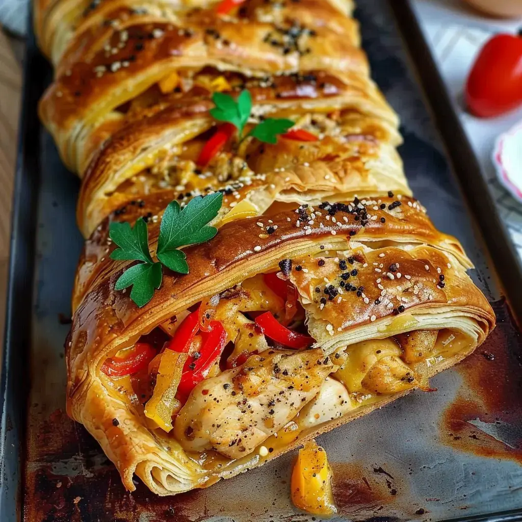 Ein goldbraunes Blätterteig-Flechtbrot gefüllt mit Hähnchen, Paprika und einem Hauch von frischen Kräutern.