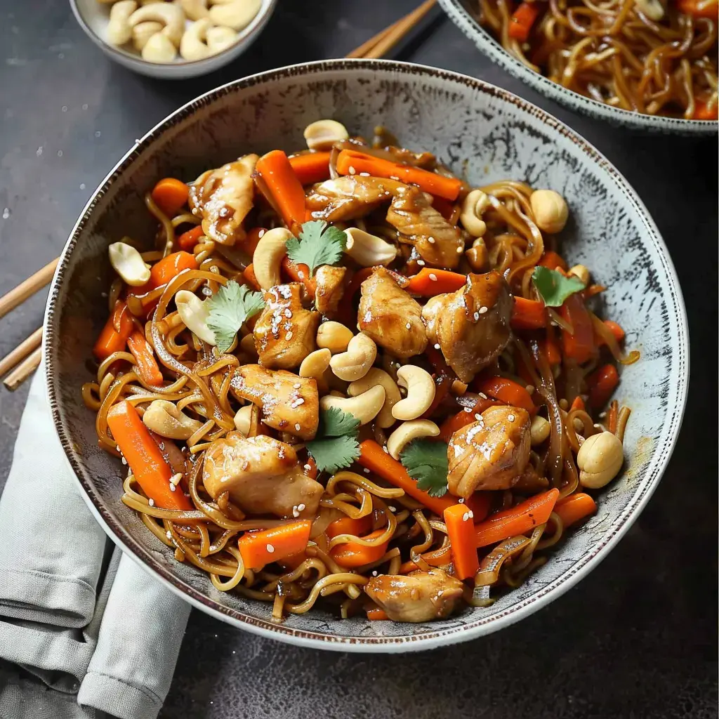 Eine Schüssel mit Nudeln, Huhn, Karotten, Cashewnüssen und frischem Koriander, bestreut mit Sesamkörnern.