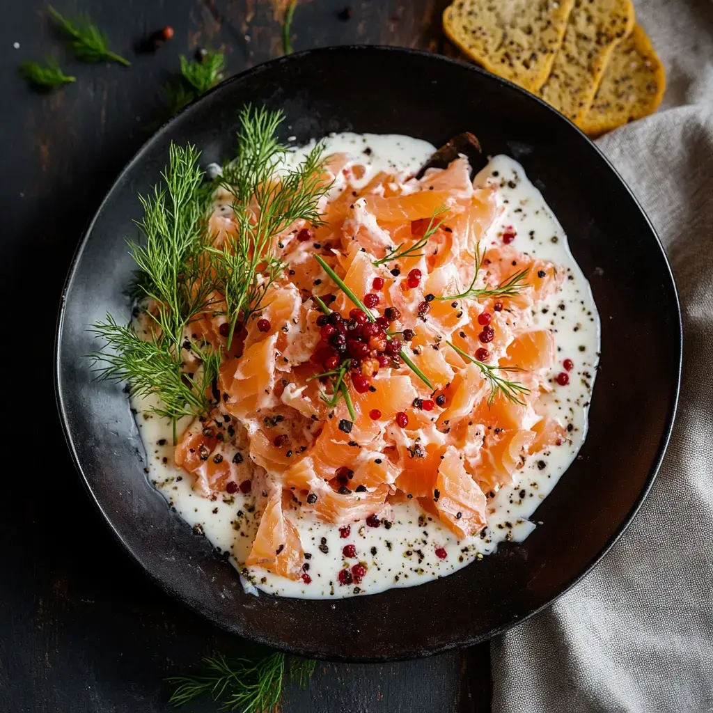 Räucherlachssalat mit rosa Pfefferbeeren und Dill, serviert in cremiger Sauce.