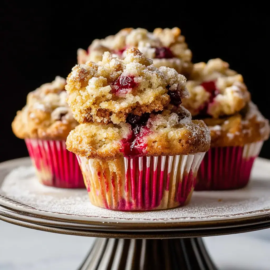 Saftige Muffins mit Fruchtstückchen und Zuckerstreusel auf einem Teller angerichtet.