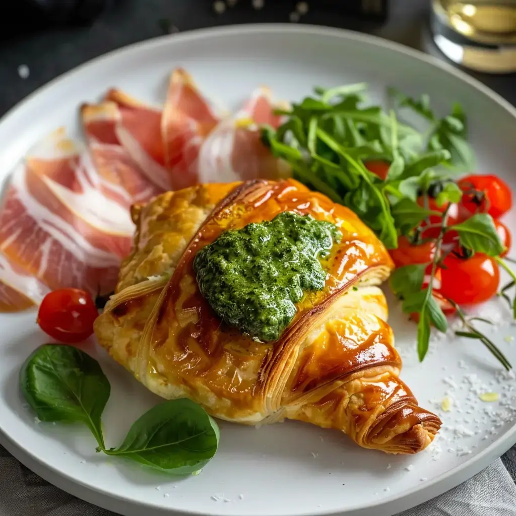 Ein goldbraun gebackenes Täschchen mit Pesto, dünnen Prosciutto-Scheiben, Rucola, Kirschtomaten und Basilikumblättern als Beilage.