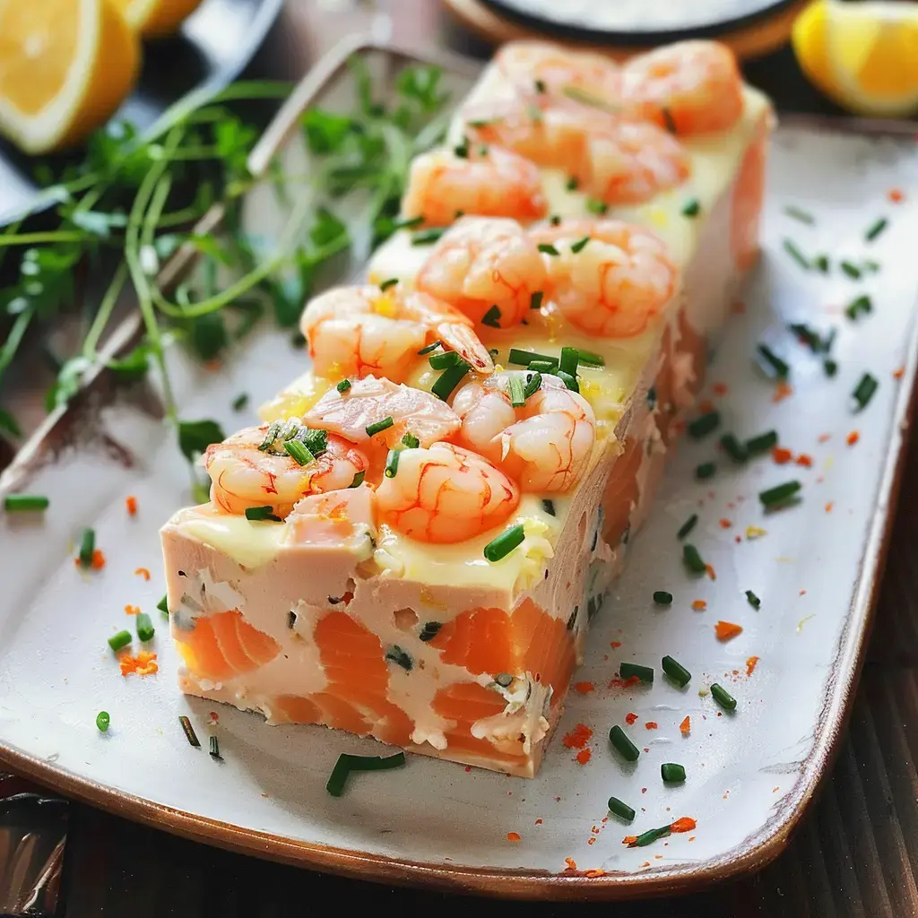 Fischterrine garniert mit Garnelen, frischen Kräutern und Zitronenschnitzen