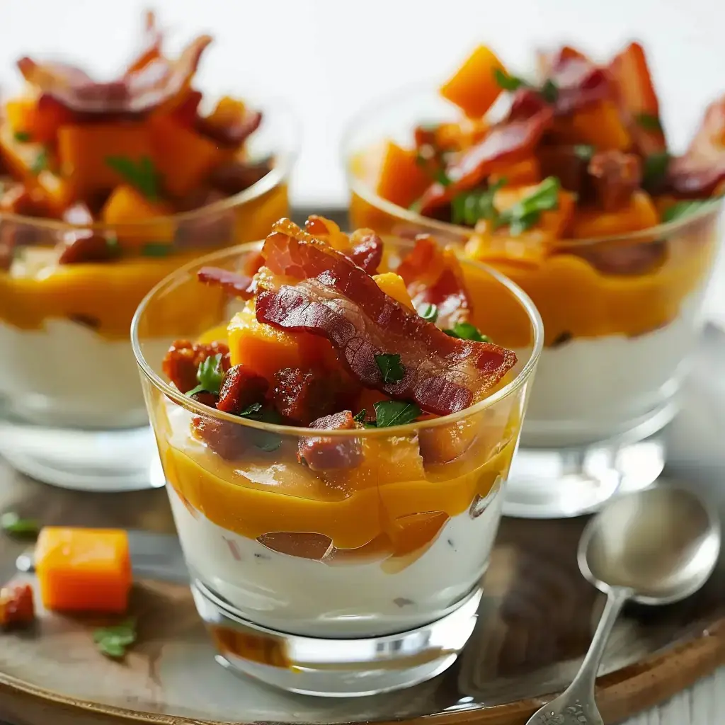 Drei Dessertgläser gefüllt mit Joghurt, Kürbispüree, knusprigen Speckstücken und frischen Kräutern.