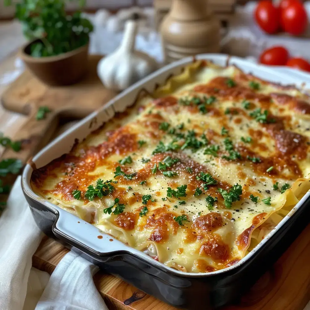 Ein goldbraun gebackener Teller Lasagne, garniert mit frischer Petersilie, wird in einer schwarzen Auflaufform serviert, umgeben von Knoblauch und Tomaten.
