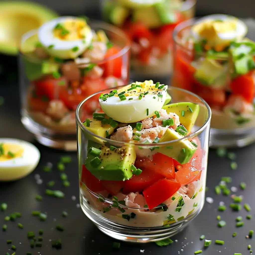 Farbenfrohe Schichtdesserts mit Tomaten, Avocado, gekochtem Ei und Thunfisch, garniert mit Schnittlauch