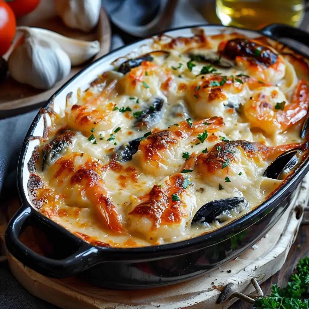 Ein überbackenes Meeresfrüchtegericht mit Garnelen, Muscheln und cremiger Soße, garniert mit frischer Petersilie.