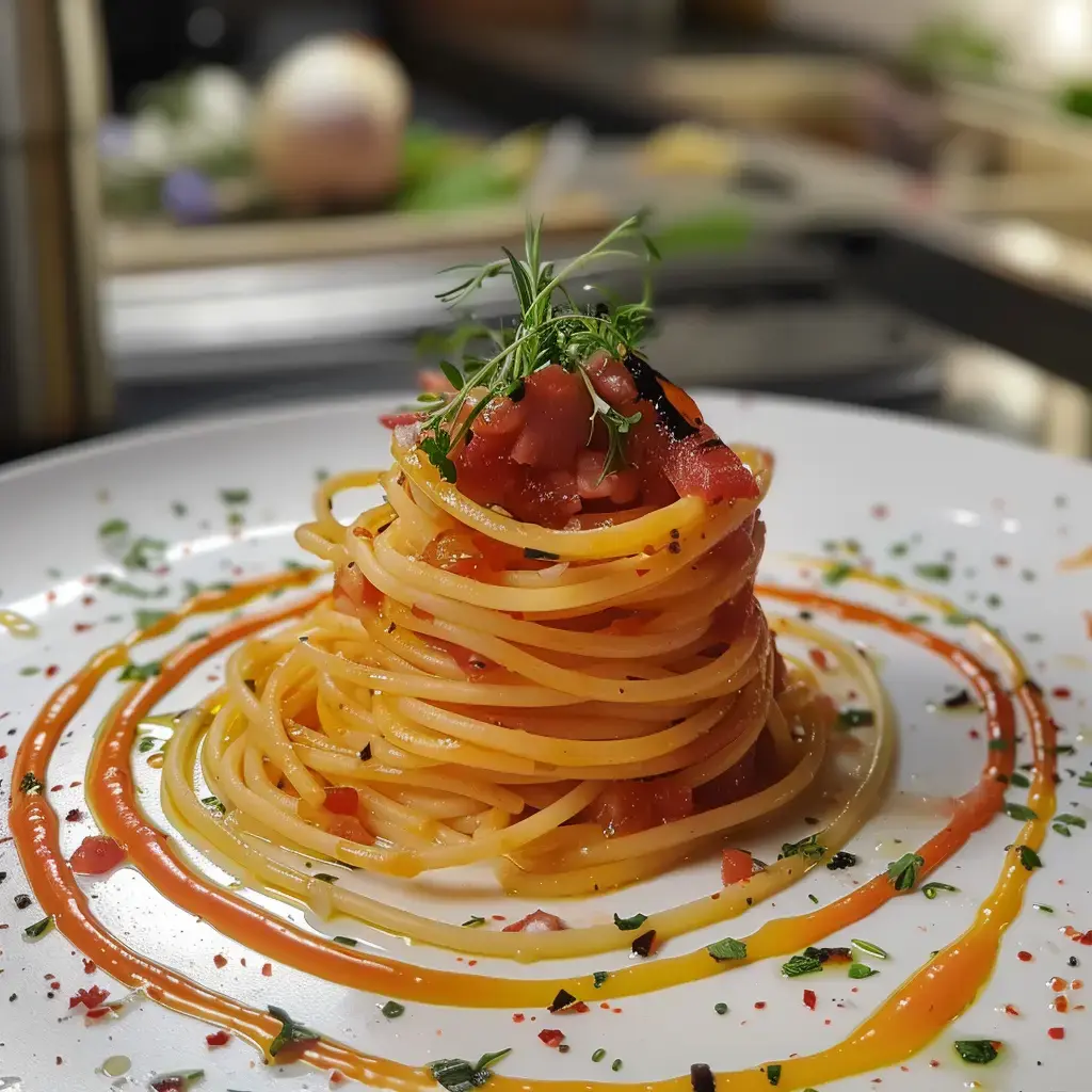 Ein Teller Spaghetti garniert mit Tomaten, Kräutern und Sauce, kunstvoll auf einem weißen Teller angerichtet.