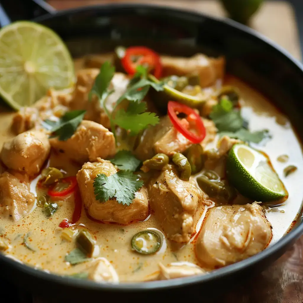 Ein leckeres Hähnchengericht in cremiger Soße mit Kräutern, roten Chilischoten und Limettenspalten.