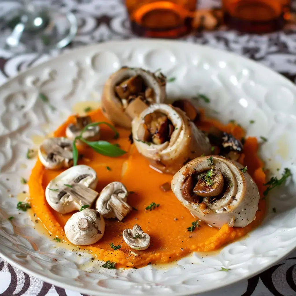 Ein Gourmetgericht mit gefüllten Fleischröllchen mit Pilzen, serviert auf Süßkartoffelpüree mit frischen Pilzen und Kräutern.