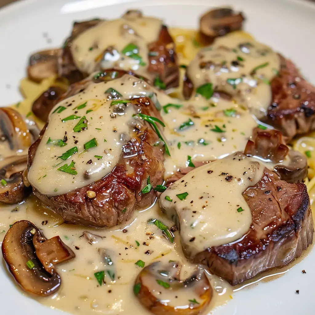 Ein Teller Rinderfilet mit cremiger Pilzsoße und Petersilie bestreut.