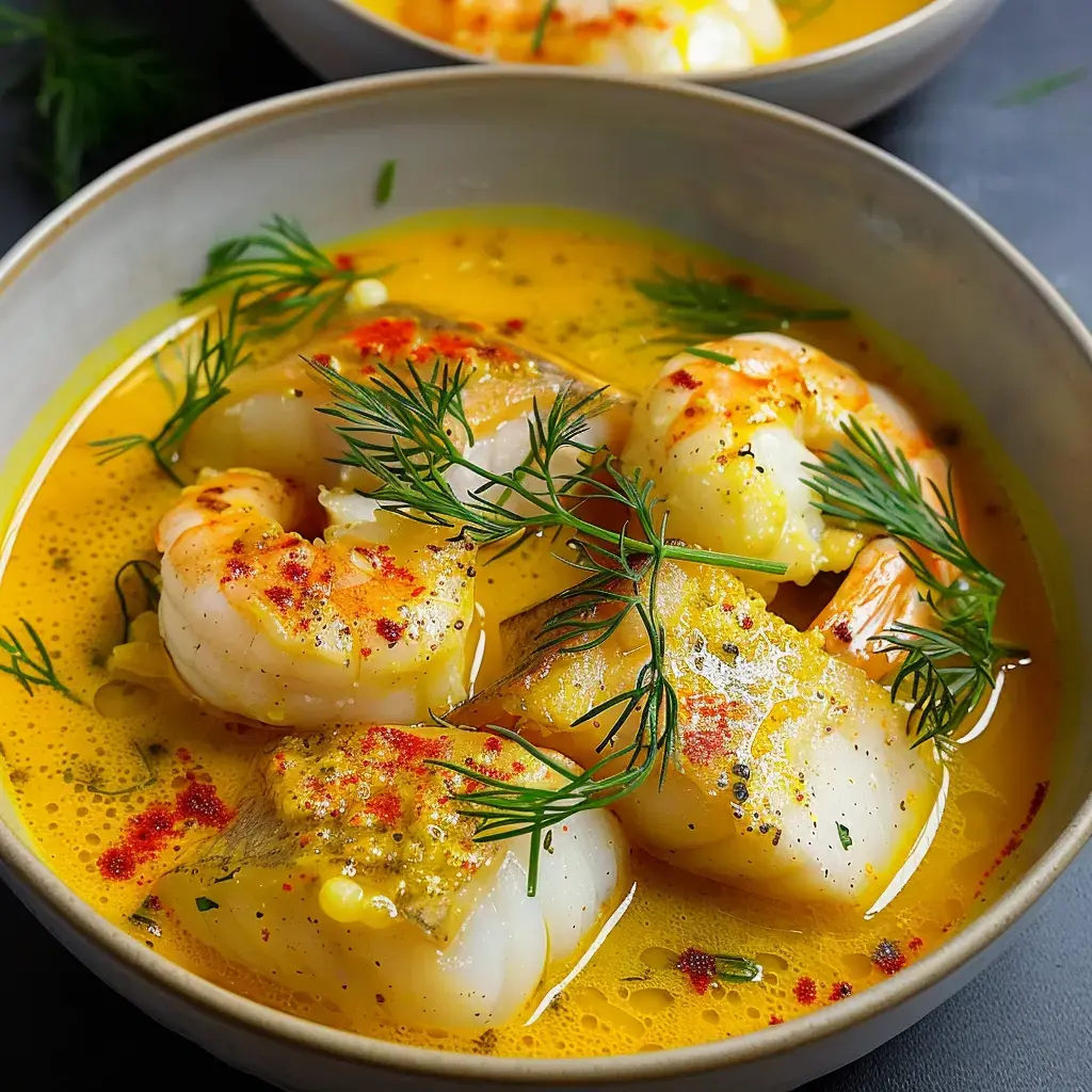 Meeresfrüchtegericht in würziger Brühe, garniert mit frischem Dill und Paprika.