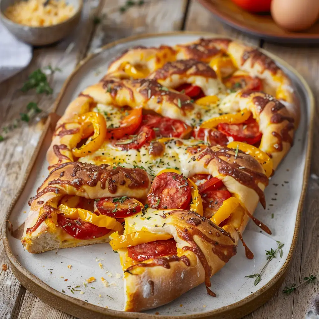 Eine Pizza belegt mit Tomaten, gelber Paprika und Käse, serviert auf einem Holzteller.