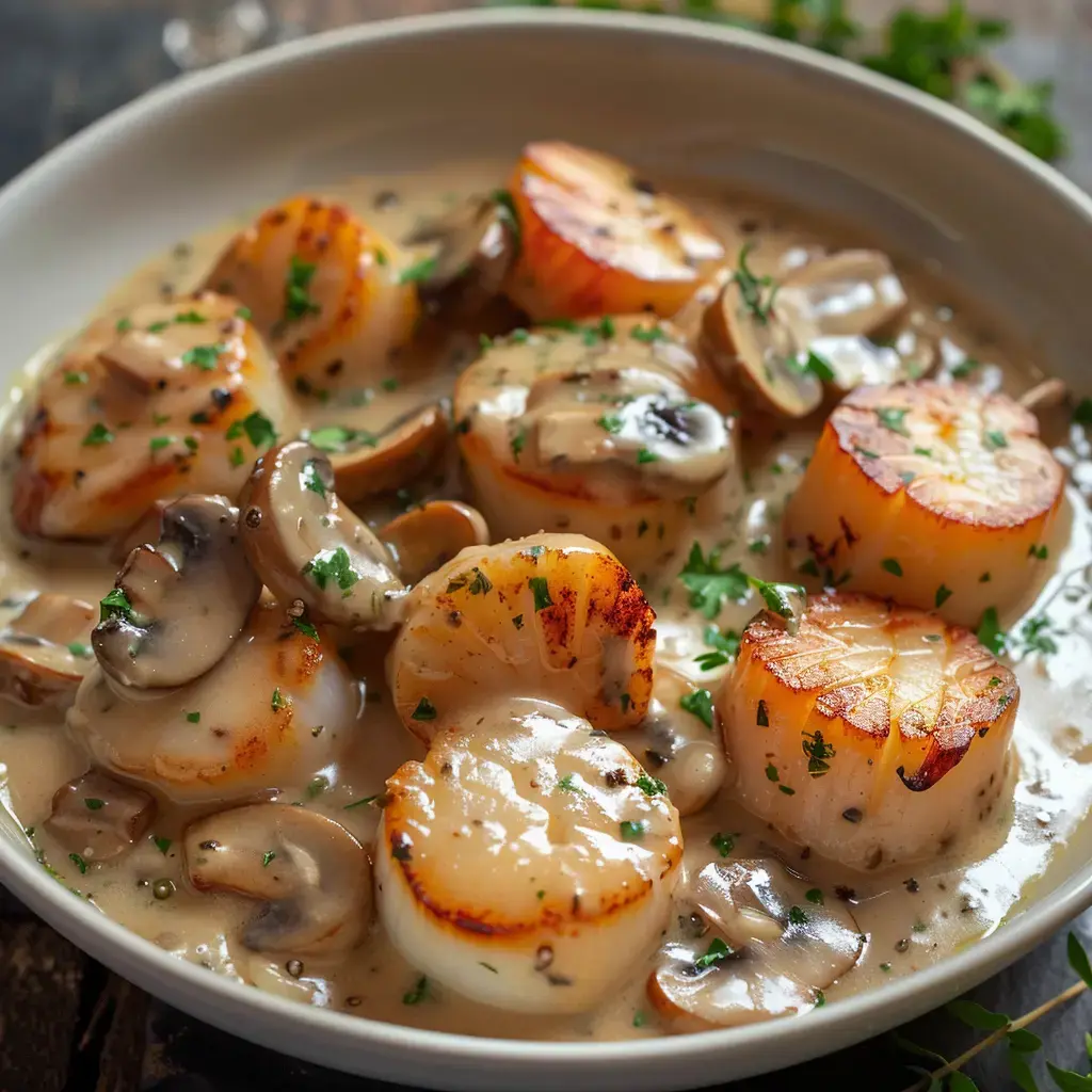 Ein Teller mit Jakobsmuscheln und Pilzen in cremiger Sauce, garniert mit frischer Petersilie.