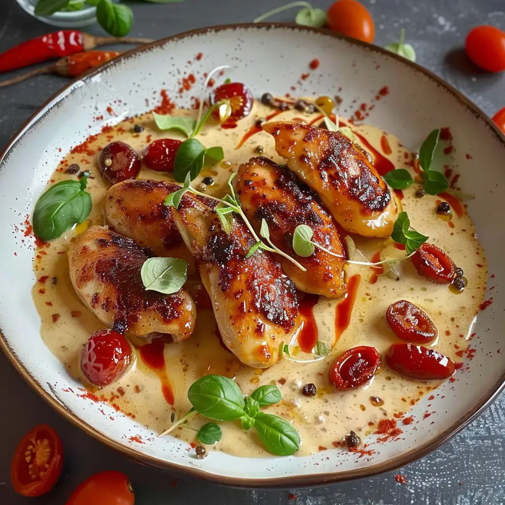 Gegrilltes Hähnchen auf cremiger Soße, garniert mit Kirschtomaten und Basilikumblättern.