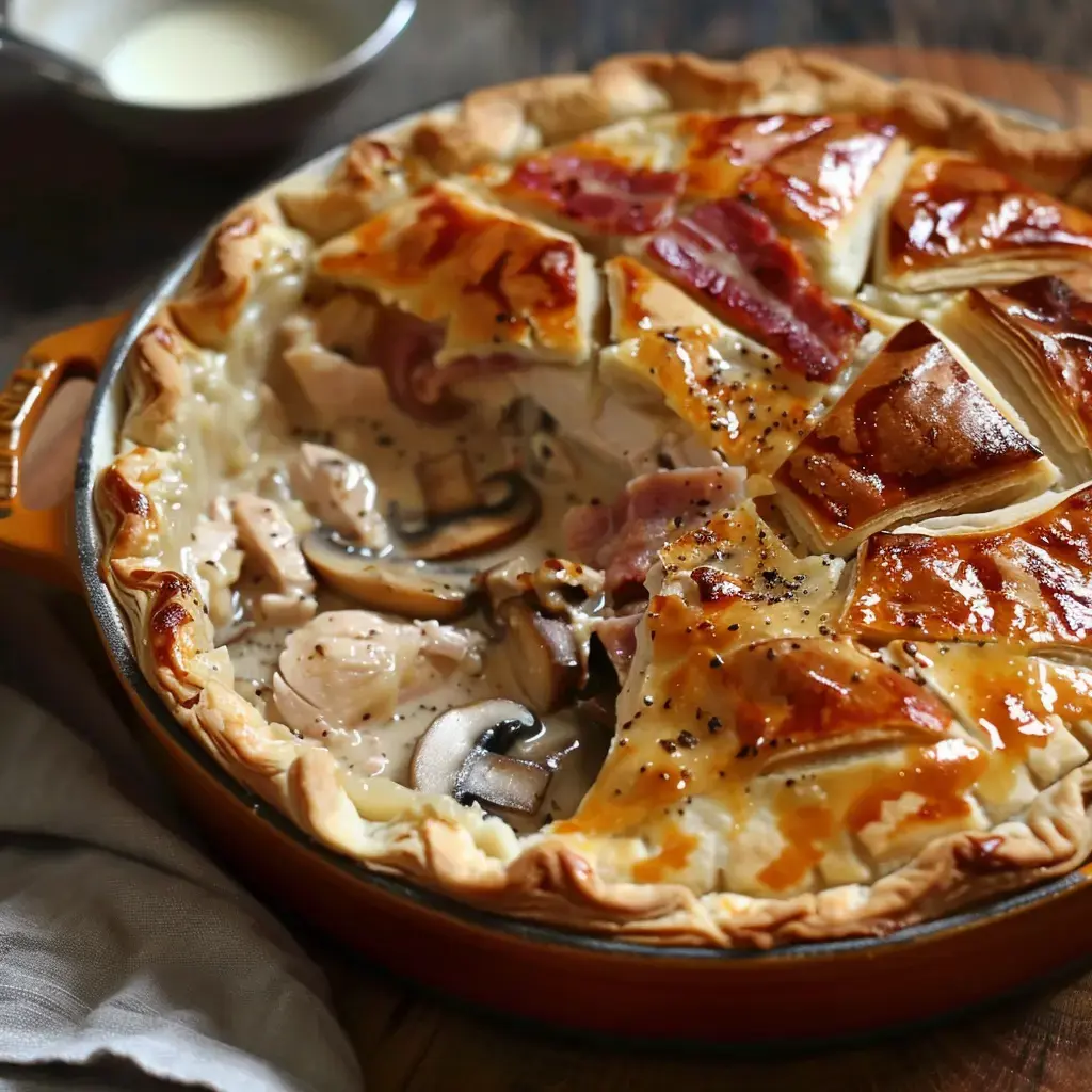 Eine hausgemachte Pastete mit Hähnchen, Pilzen und cremiger Sauce, mit goldbrauner, knuspriger Kruste.