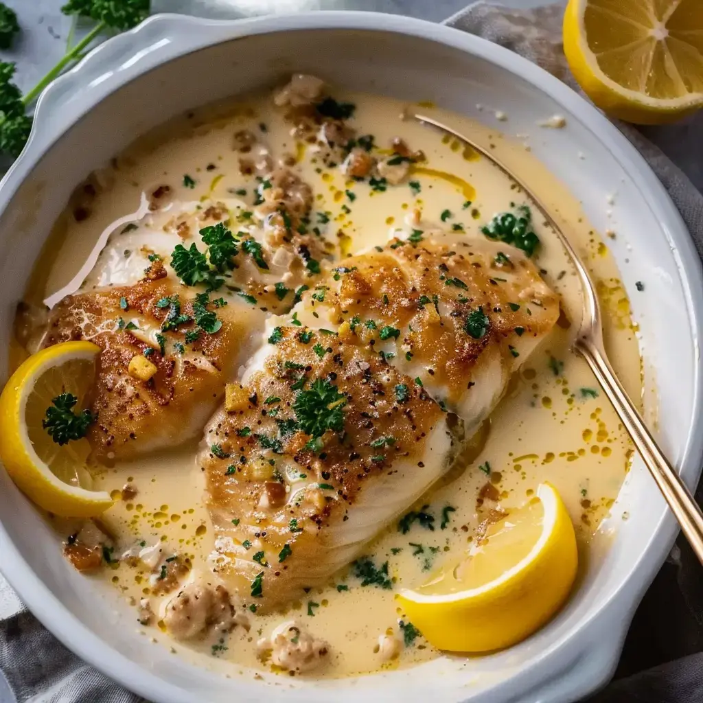 Ein Fischteller mit cremiger Soße, garniert mit Petersilie und Zitronenschnitzen.