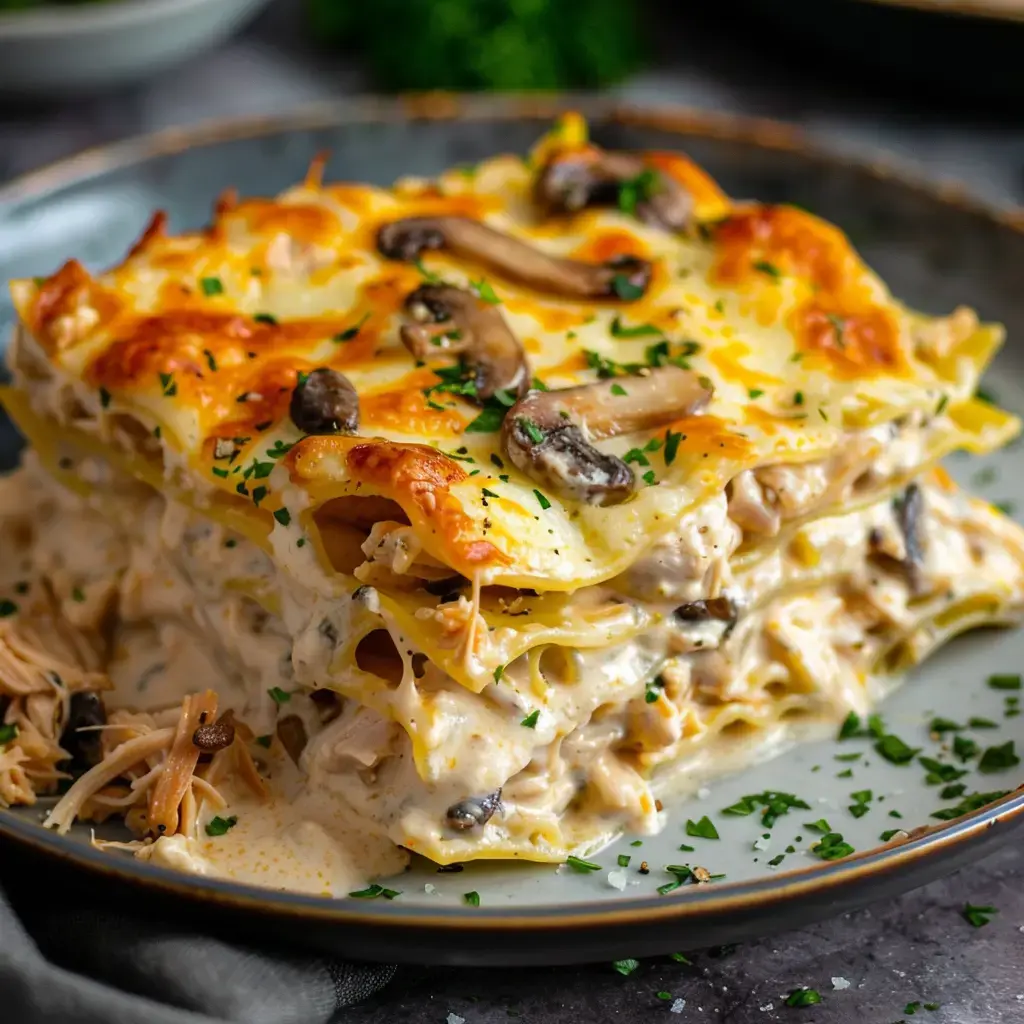 Eine cremige Lasagne mit Pilzen und Hähnchen, garniert mit goldbraunem Käse und frischer Petersilie.